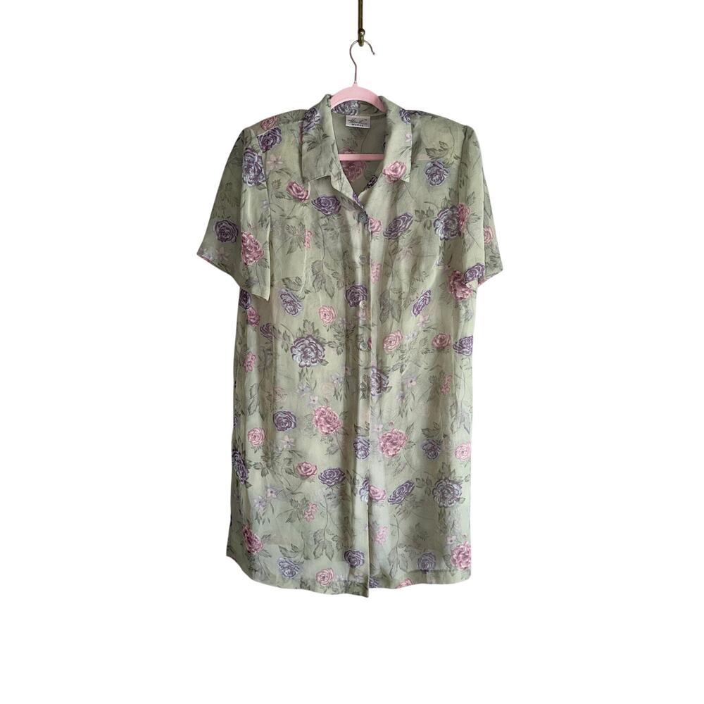 vintage kathie lee green floral sheer button fron long tunic blouse plus size 3X